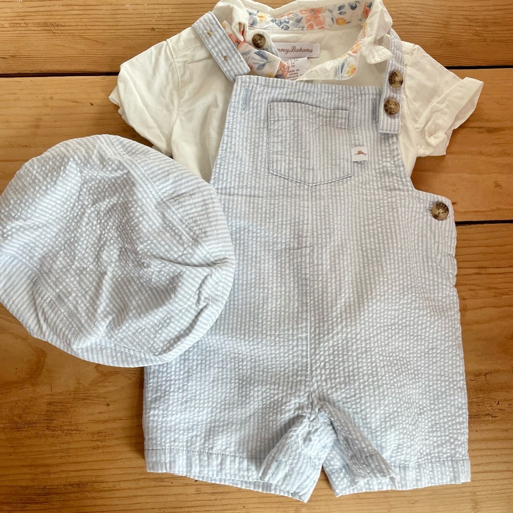 Tommy Bahama Baby Boy Summer Beach Blue Seersucker Overalls Hat Set 3-6 months